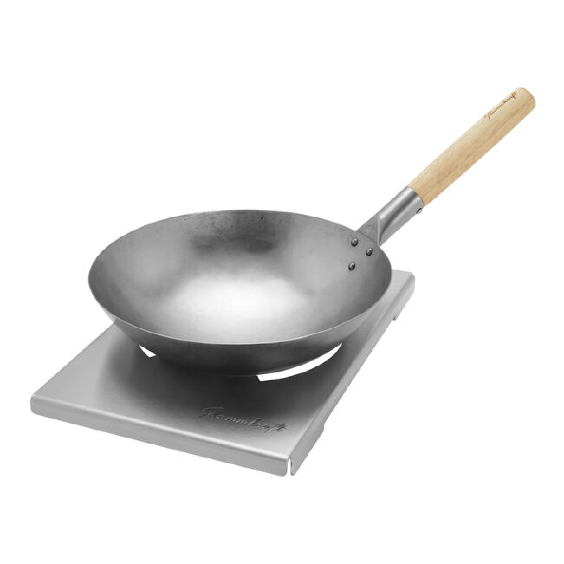 13-inch carbon steel wok with wooden handle and heat stand