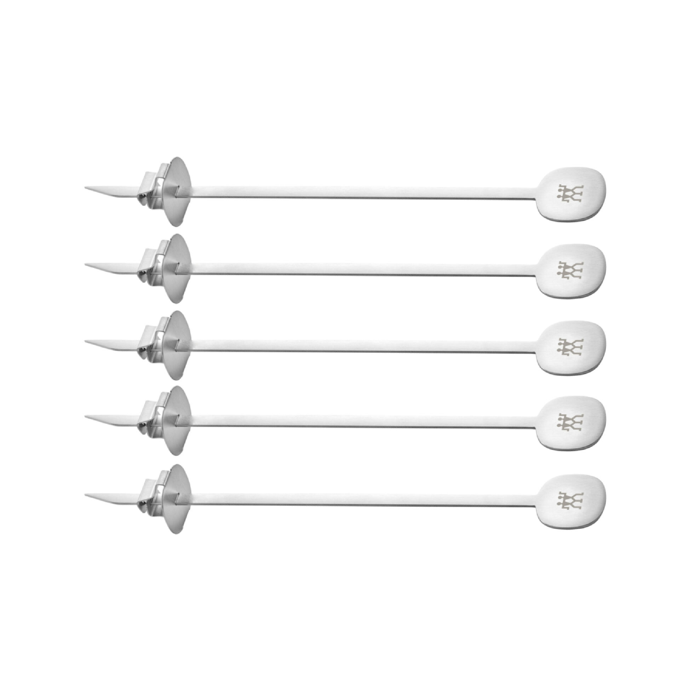 Stainless steel BBQ skewer set with five skewers and loop handles, pointed tips
