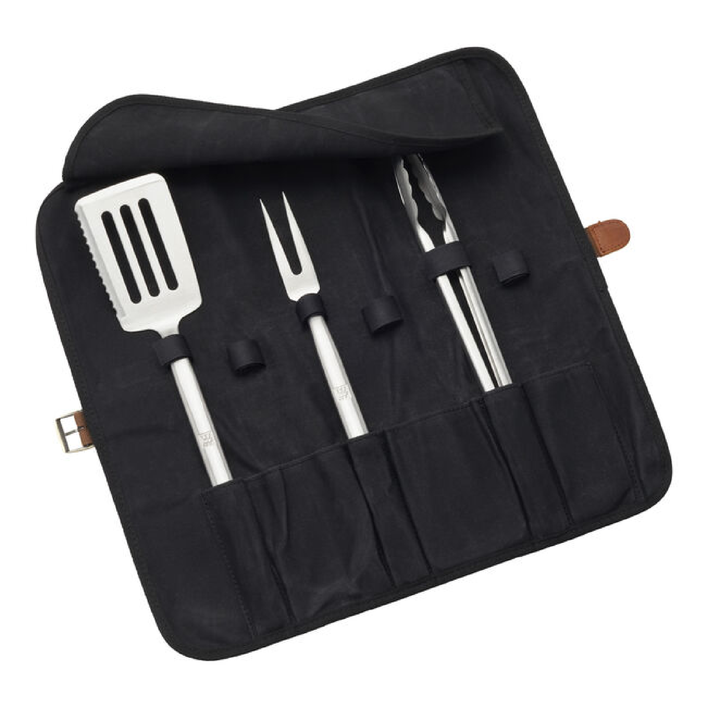 Black fabric grill tool roll with four stainless steel utensils, including spatula and fork