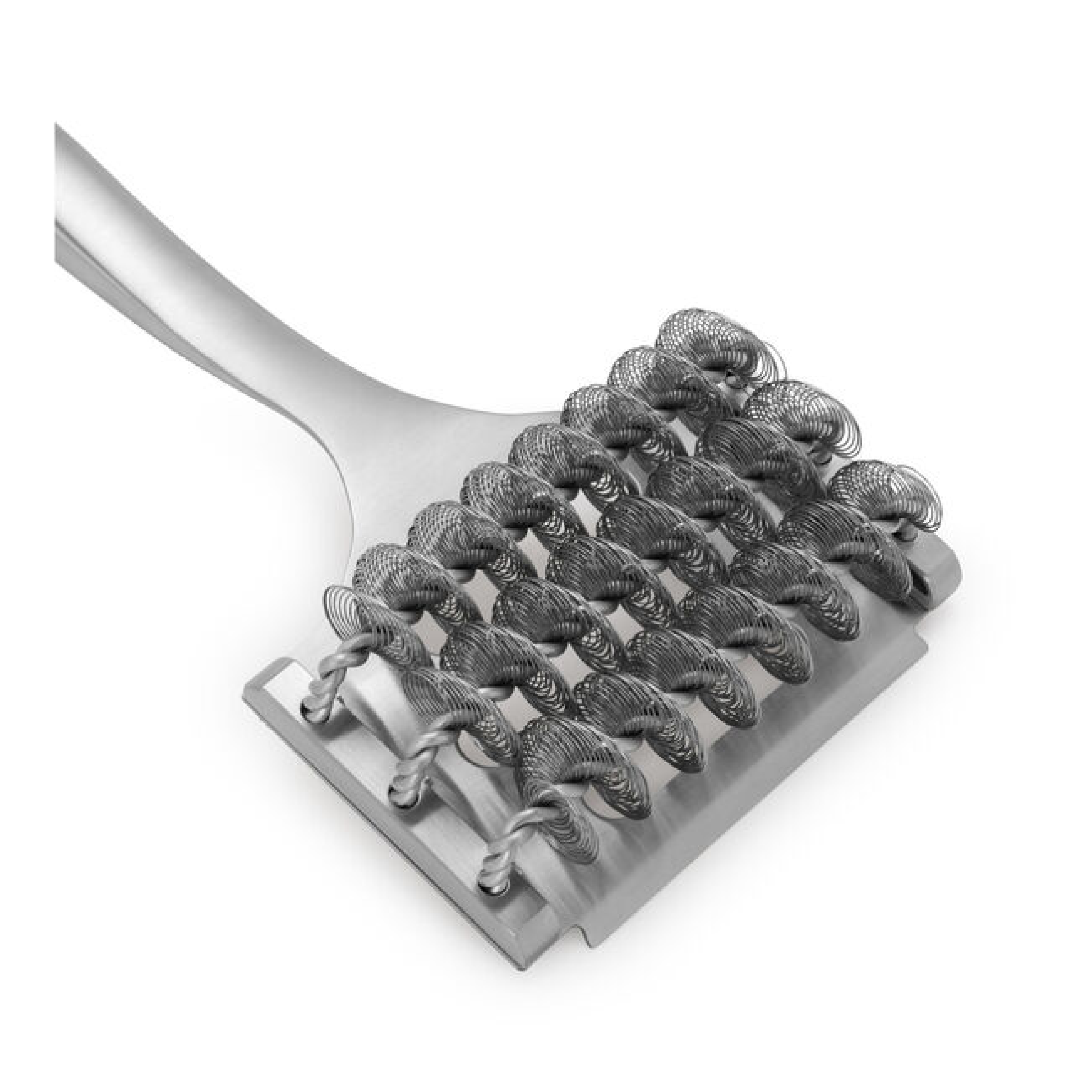 Bristle-free grill brush head with dense looped metal cleaning wires on flat base