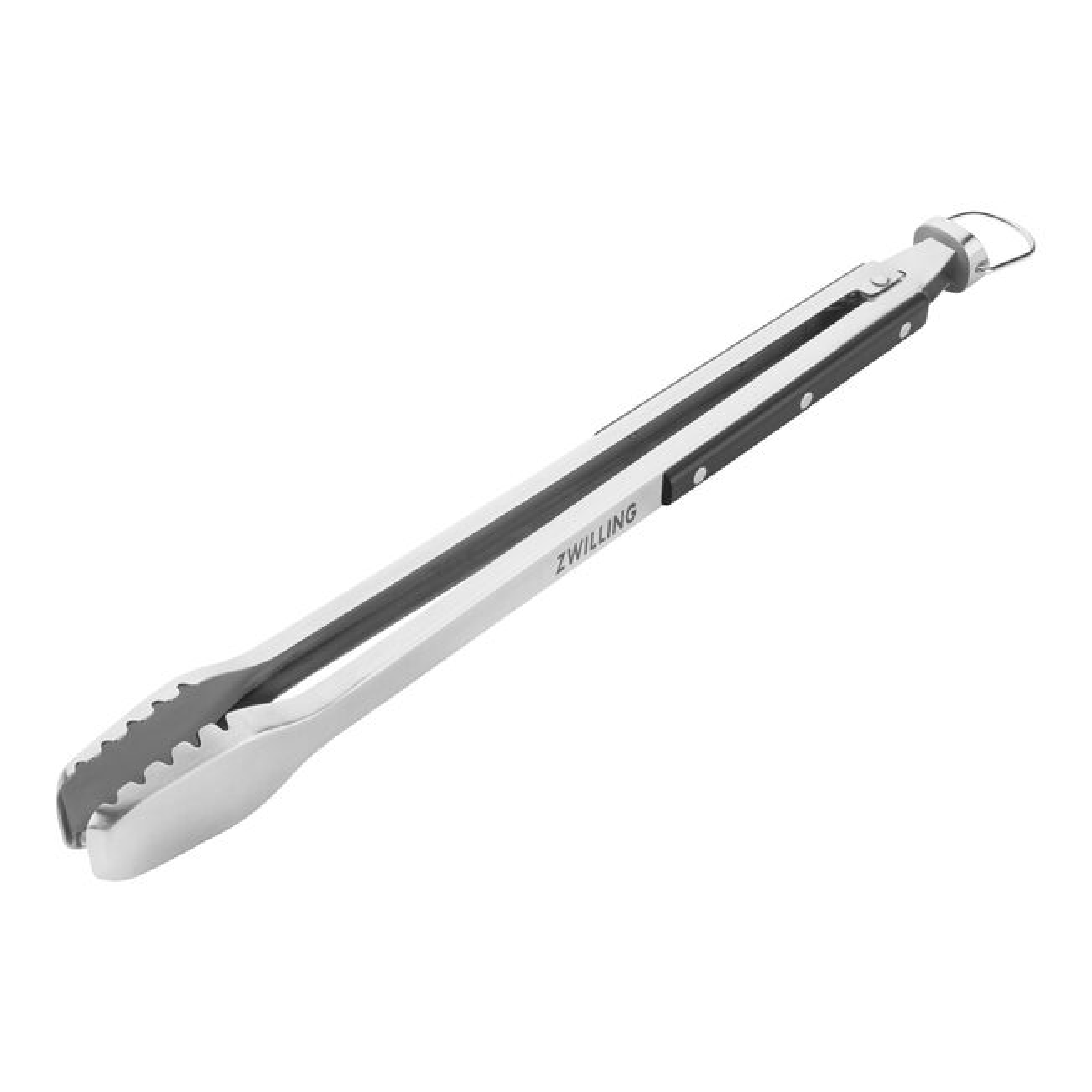 Stainless steel BBQ grill tongs with serrated jaws and dark grip, riveted hinge