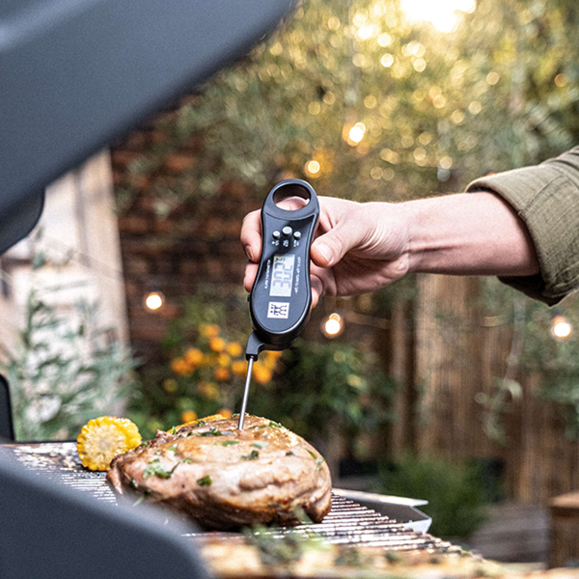 Hand holding digital cooking thermometer with probe inserted into grilled meat
