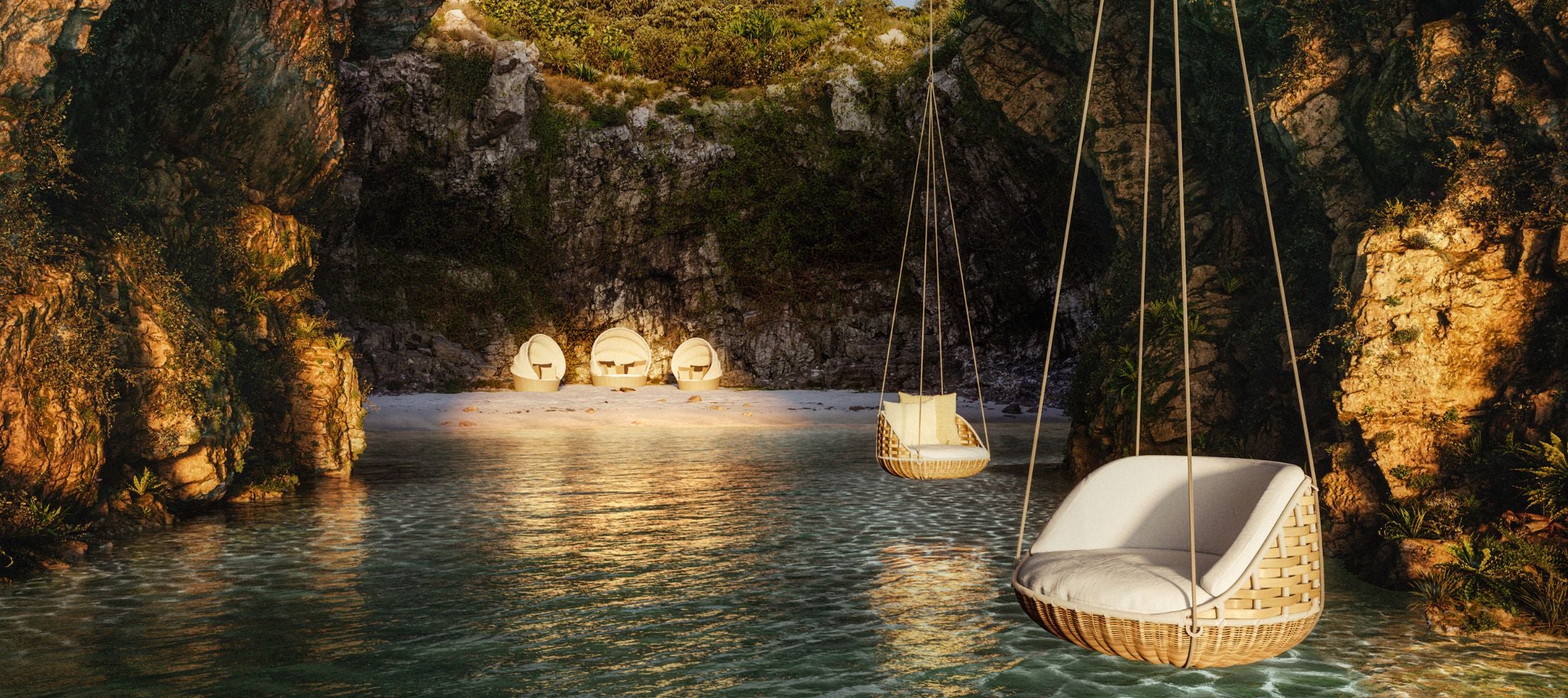 DEDON Swingrest hanging lounger suspended over a terrace