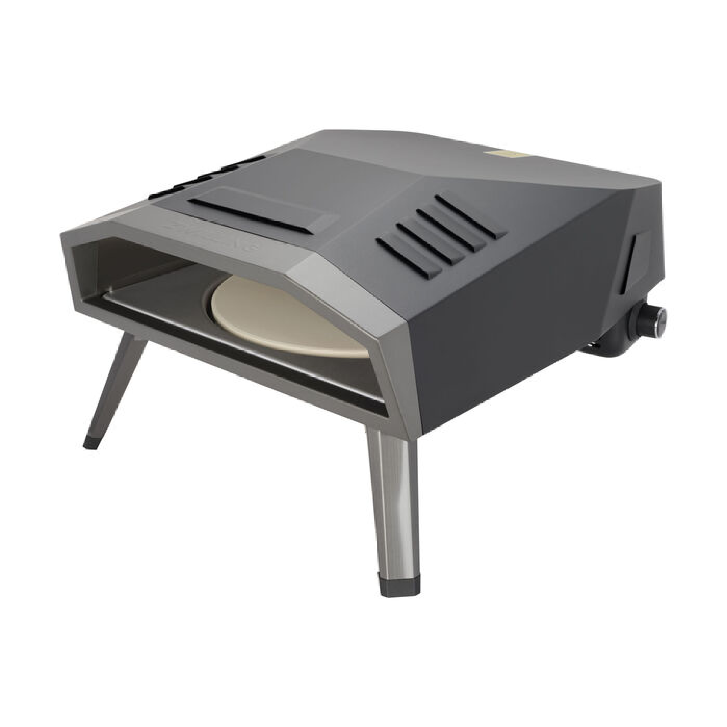 Gas pizza oven with open front and control knob, dark gray body on three legs