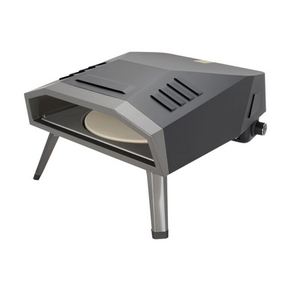 Gas pizza oven with open front and control knob, dark gray body on three legs