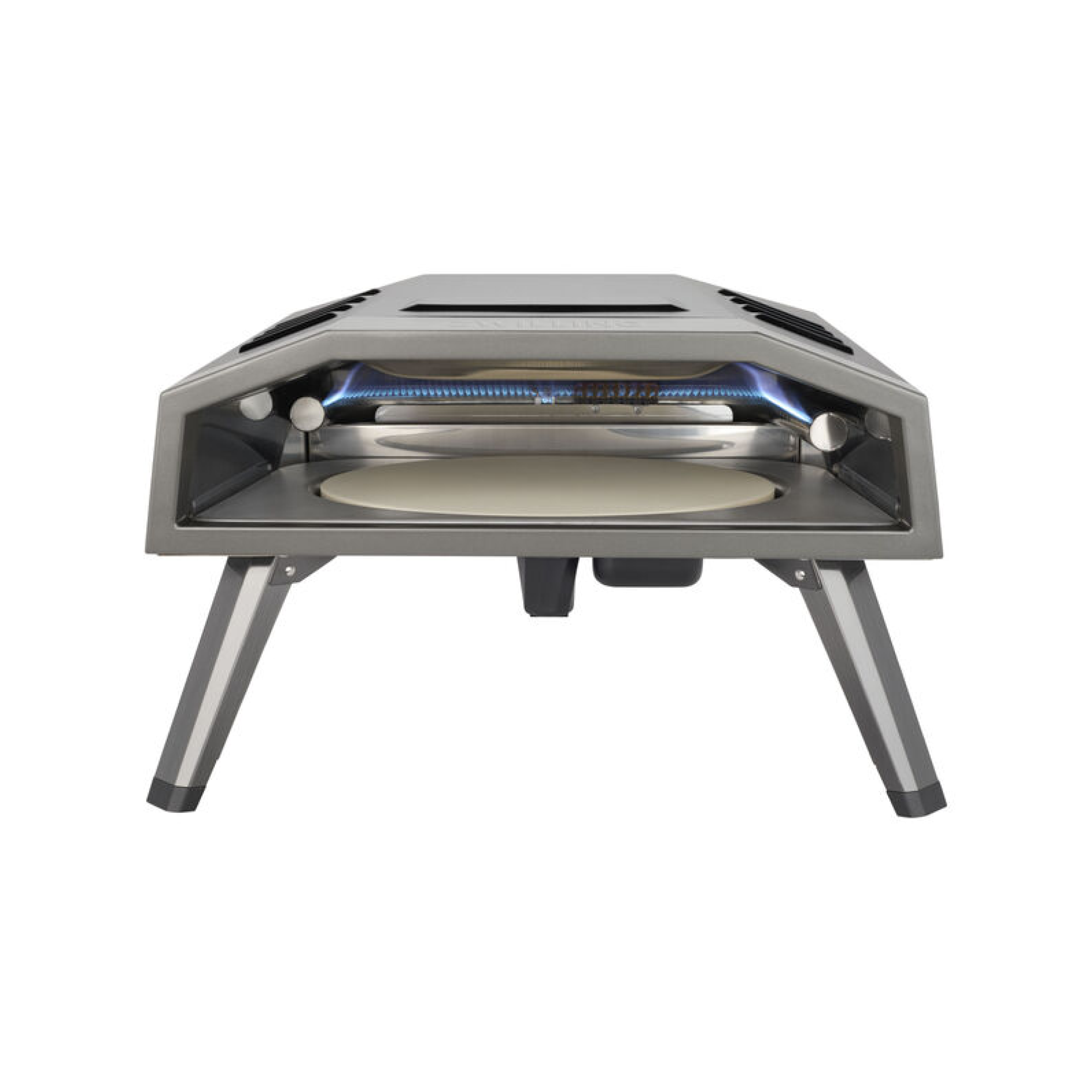Gas pizza oven with glowing heating elements and circular baking stone, gray steel frame