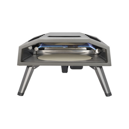 Gas pizza oven with glowing heating elements and circular baking stone, gray steel frame