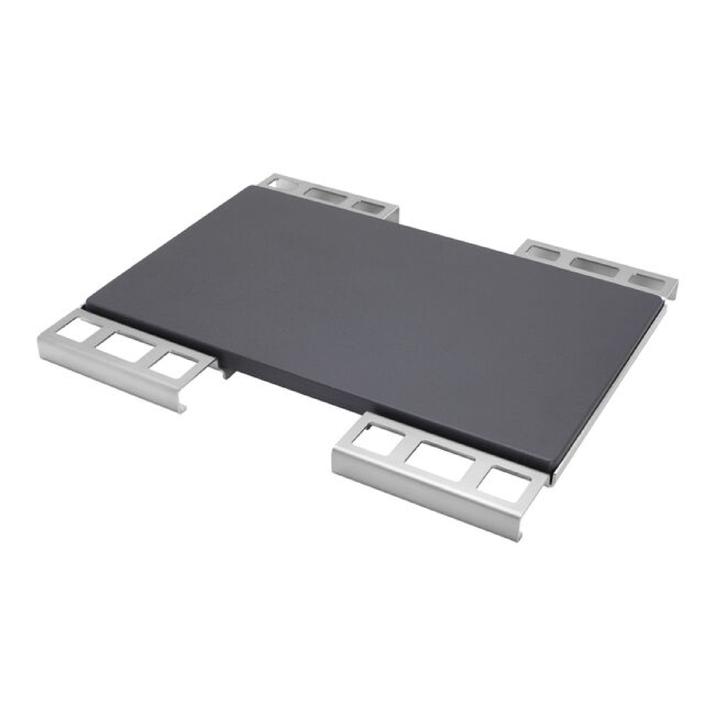 Pizza stone with dark stone top and silver metal supports and handles