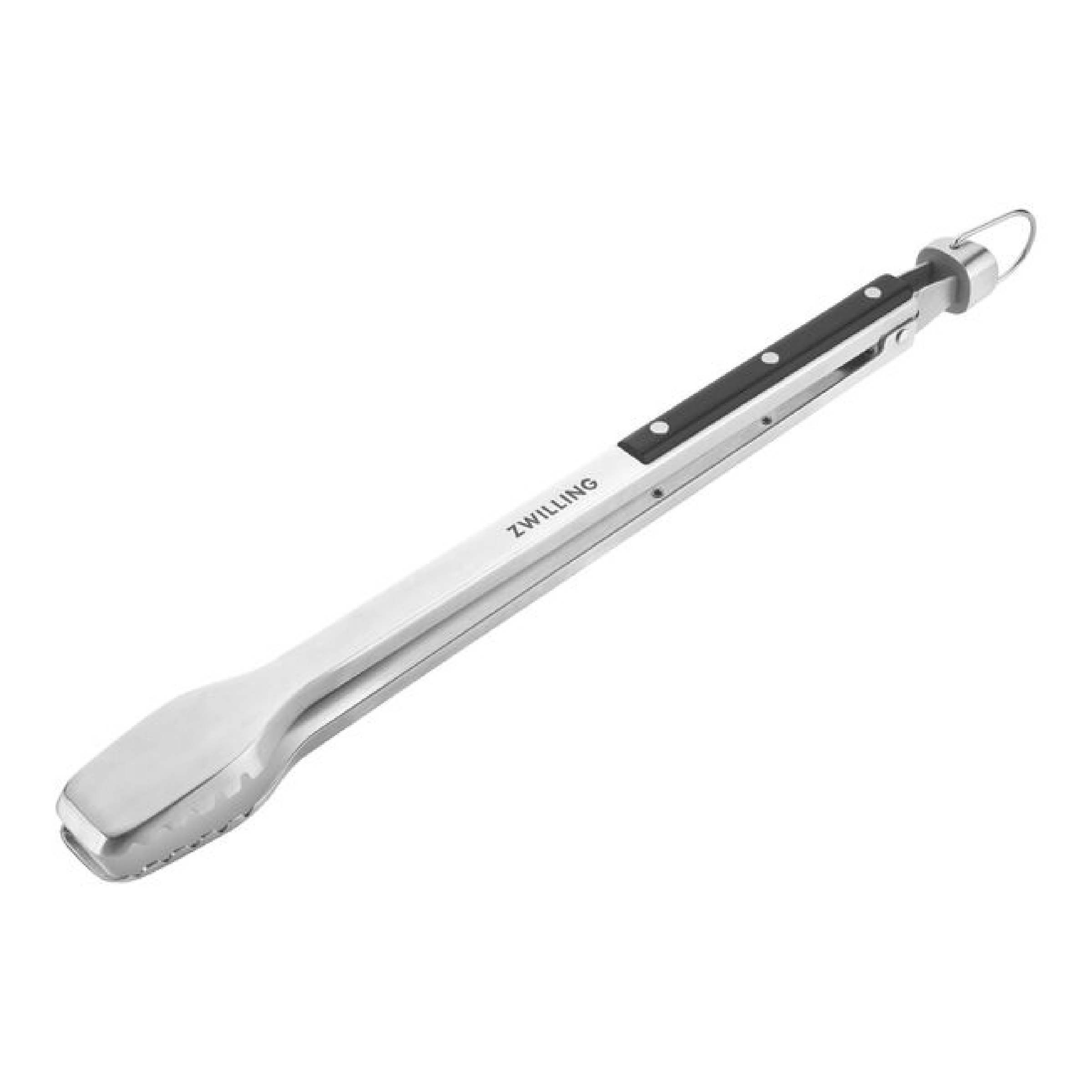 Stainless steel grill tongs with long arms, black detail plate, curved gripping ends