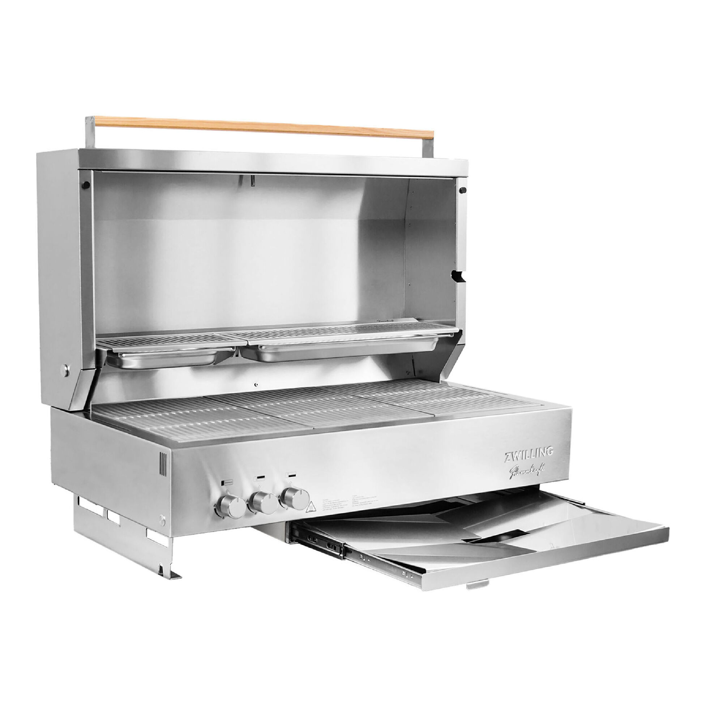Open stainless steel grill hood with cooking grate and drip tray, control panel
