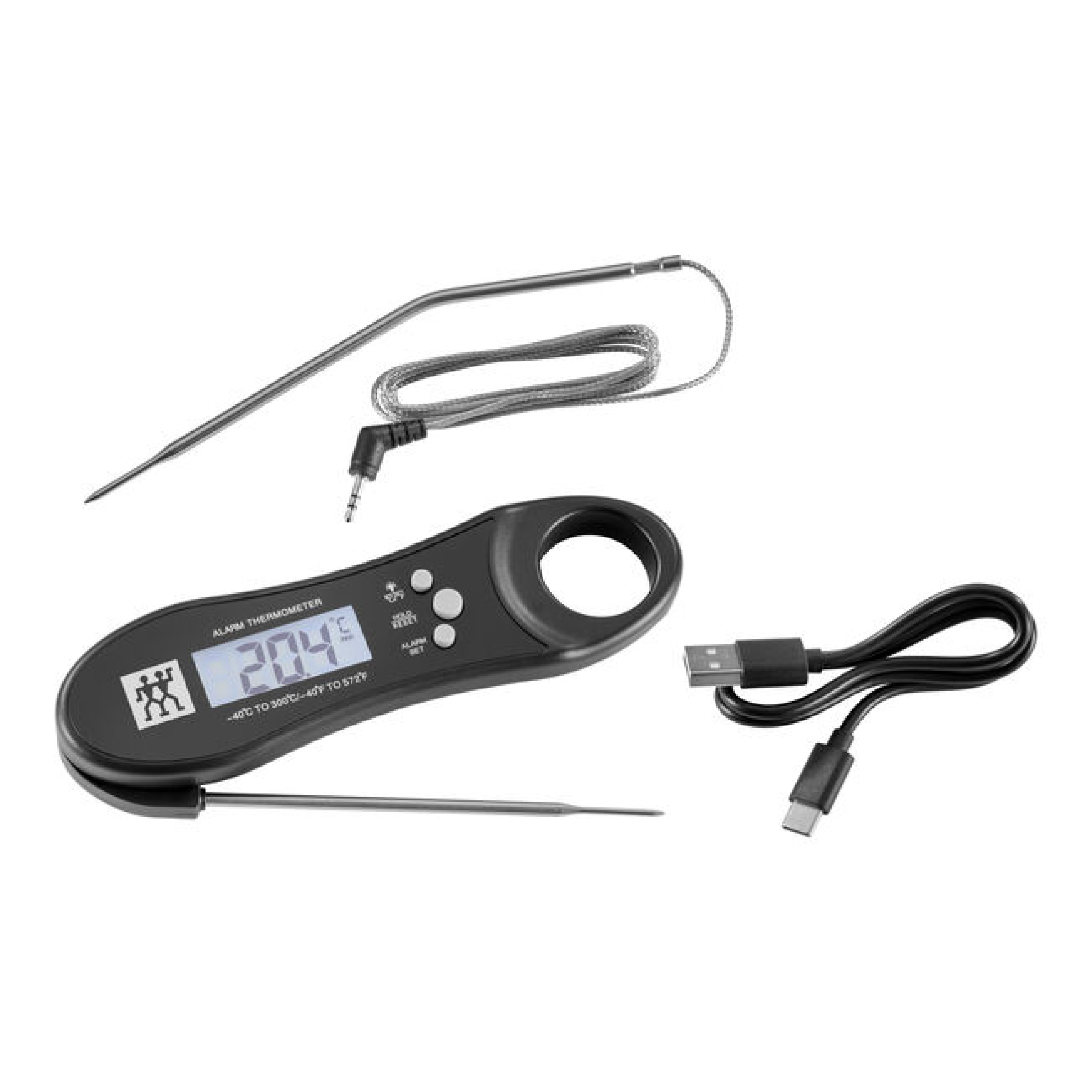 Digital cooking thermometer with probe, LCD display, buttons, and USB cable