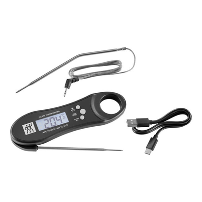 Digital cooking thermometer with probe, LCD display, buttons, and USB cable