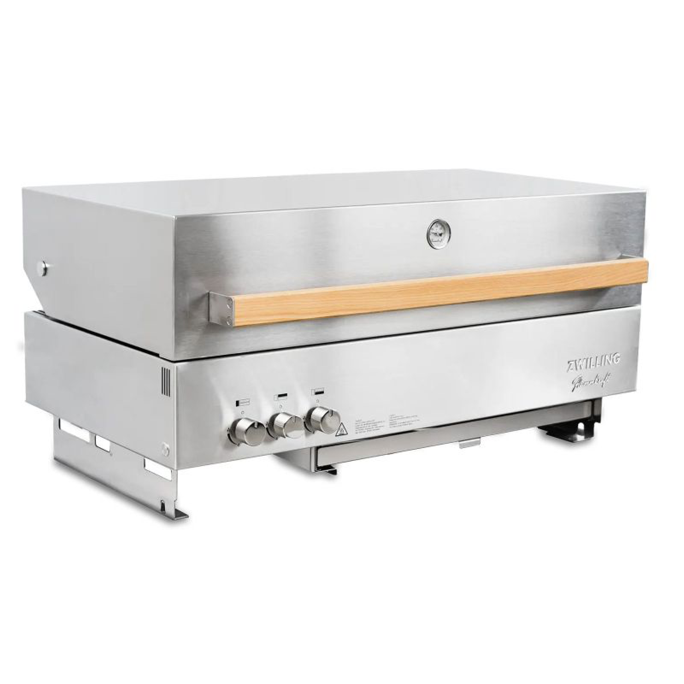 Stainless steel gas grill with wood side handle and control knobs