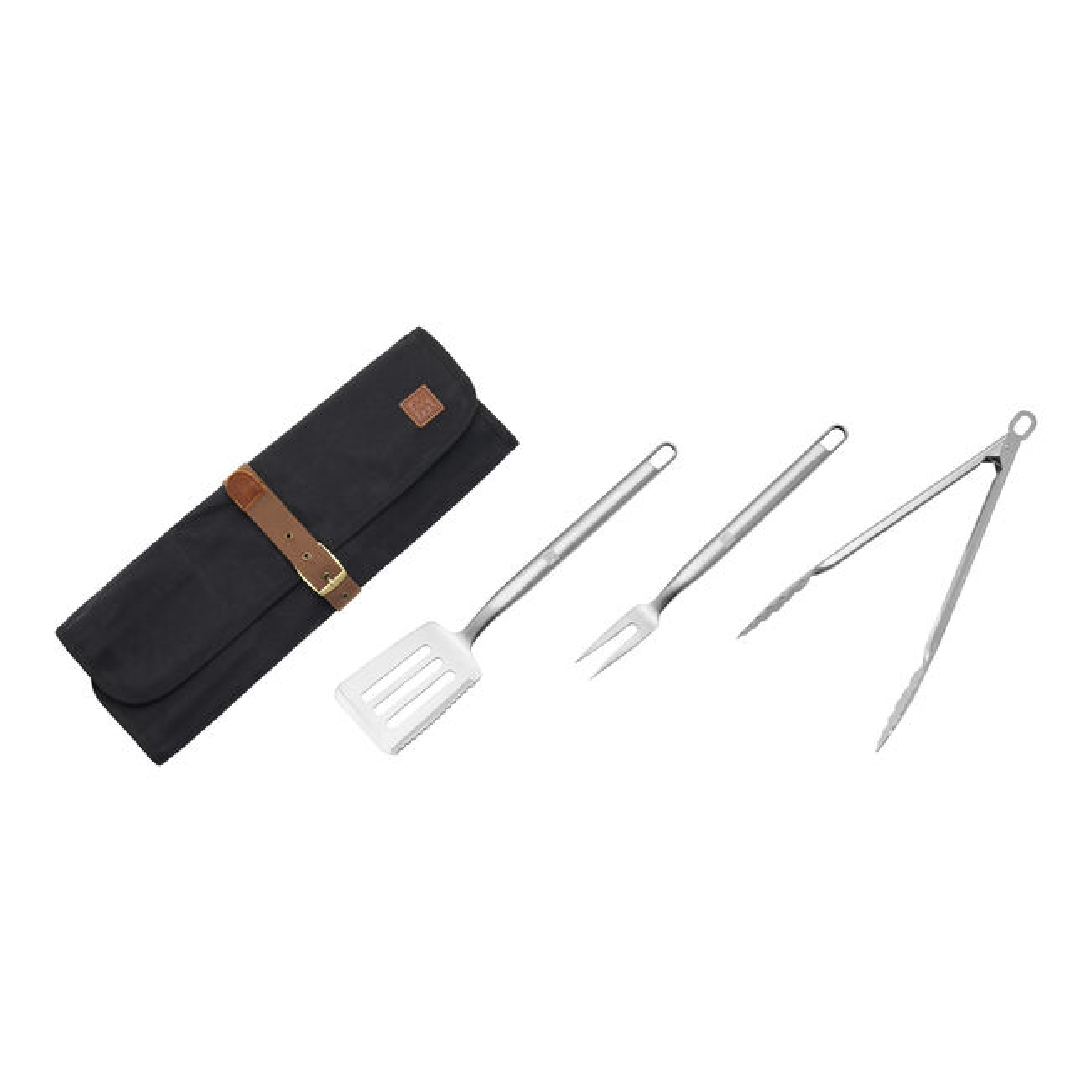 Black roll-up BBQ tool case with leather strap and four stainless grill utensils