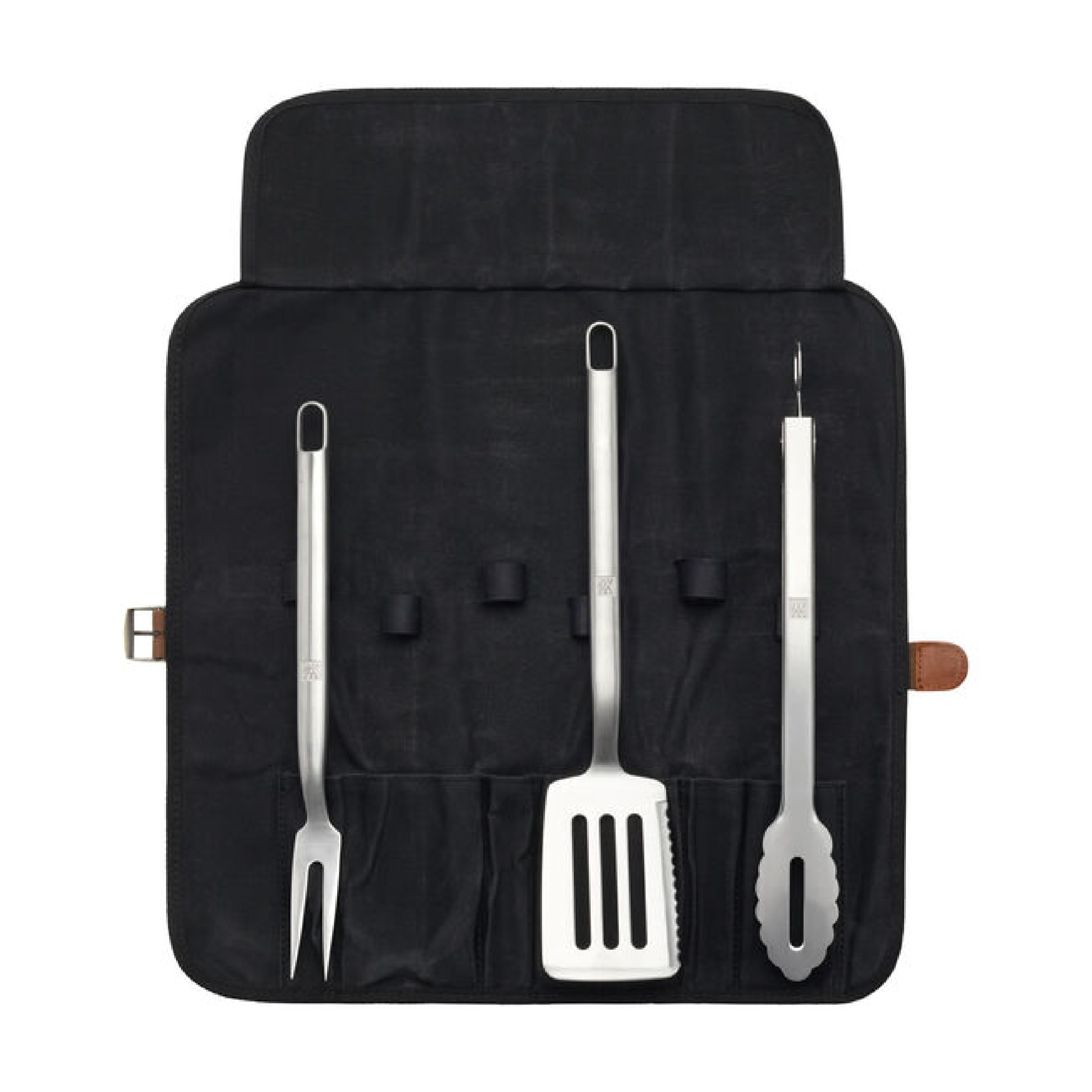 Black fabric grill tool roll with four stainless steel utensils shown upright