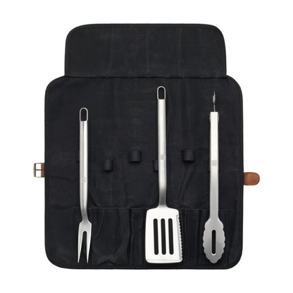 Black fabric grill tool roll with four stainless steel utensils shown upright